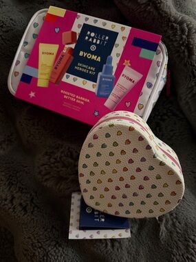 Roller Rabbit x Byoma Skincare Kit with Heart Makeup Case AND Heart jewelry case